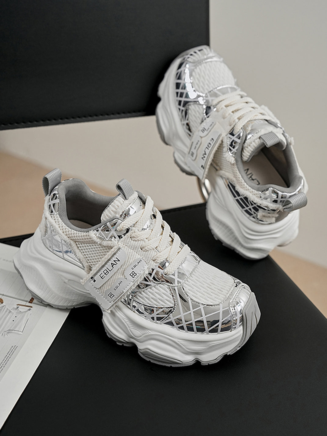 Metallic Silver Mesh Tech Runner Sneakers - View 3