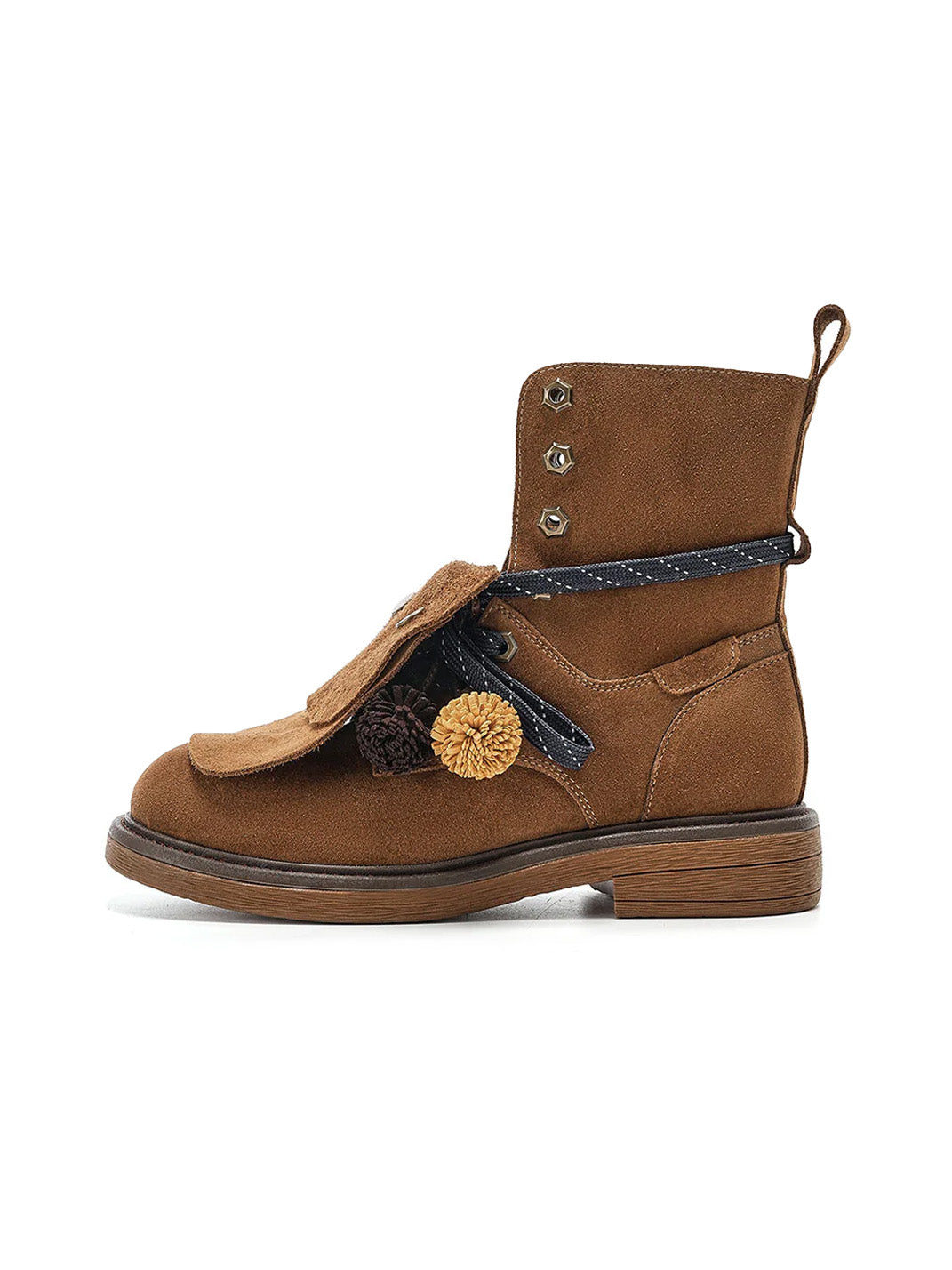 Tassel-Flap Suede Lace-Up Ankle Boots