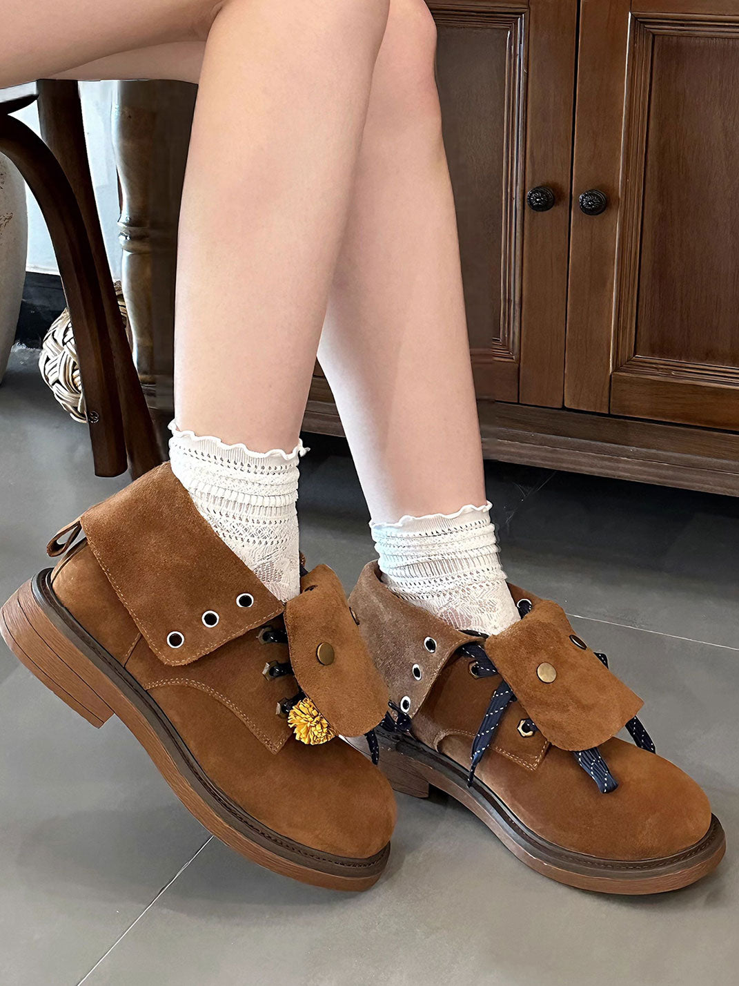 Tassel-Flap Suede Lace-Up Ankle Boots - View 2