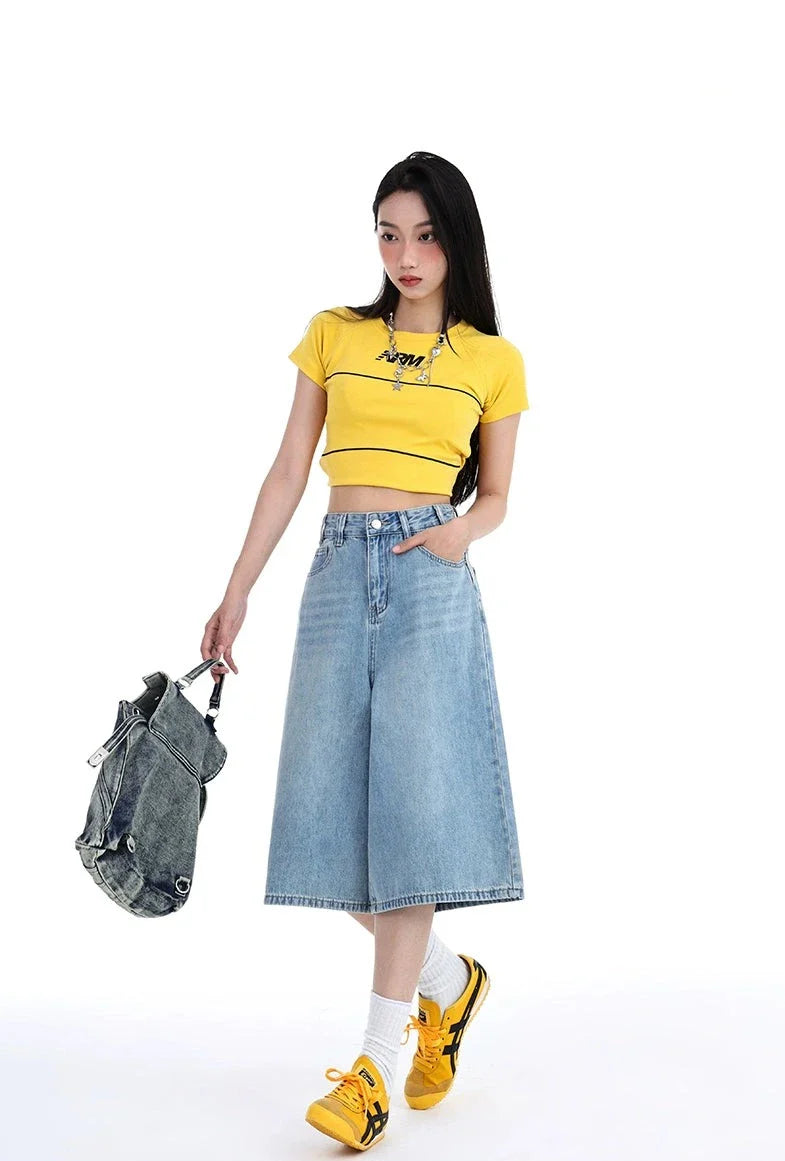 High Waist Denim Culotte Shorts