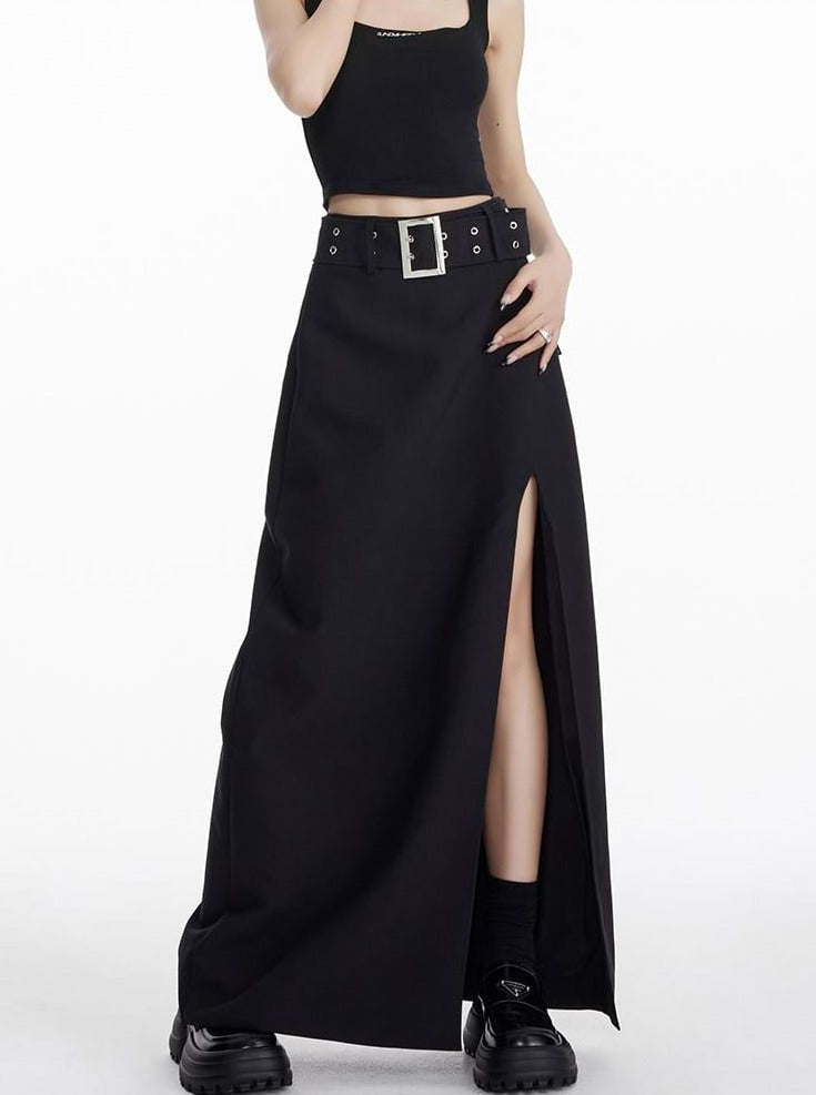 Maxi Skirt with Side Slit and Grommet Belt