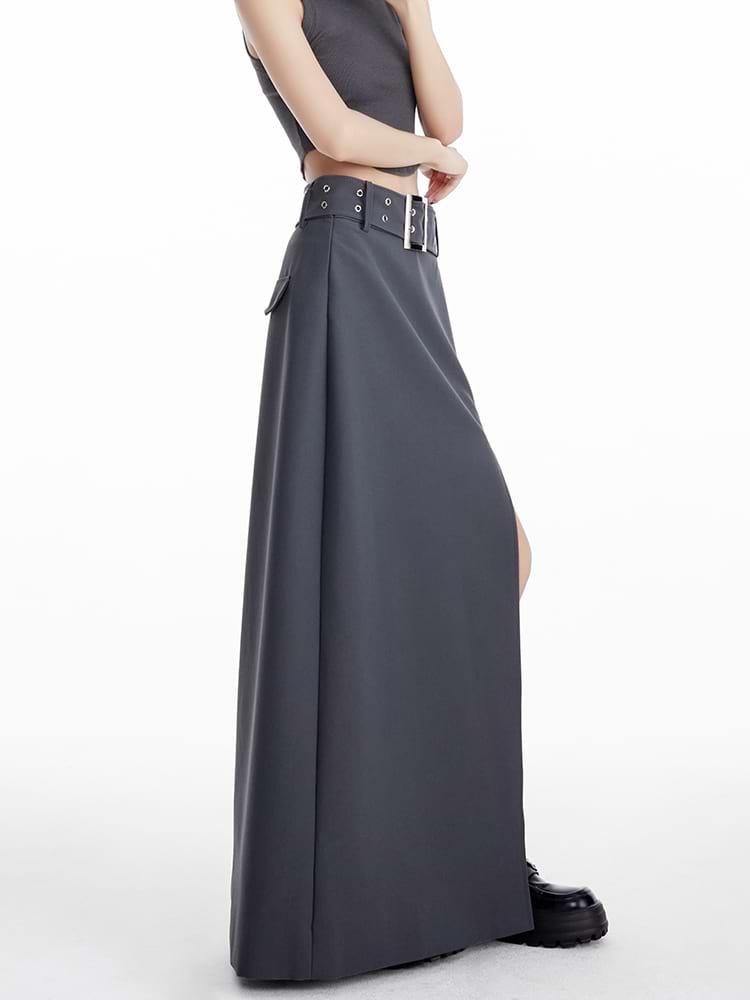 Maxi Skirt with Side Slit and Grommet Belt