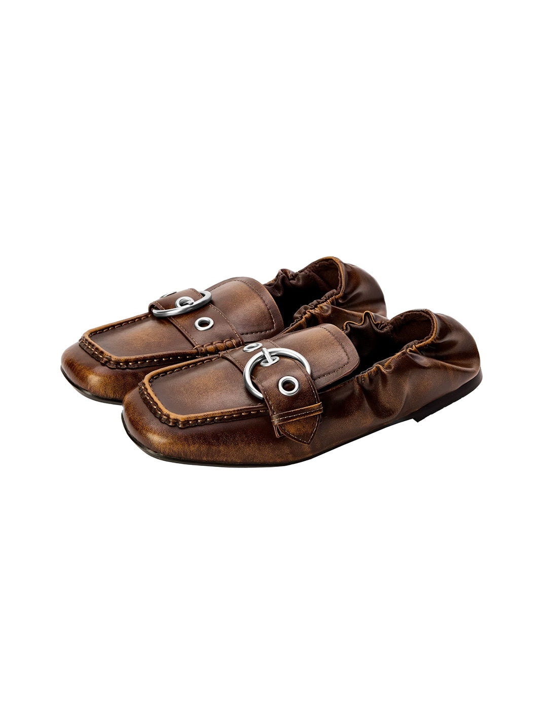 Burnished Ruched Leather Buckle Flats - View 7