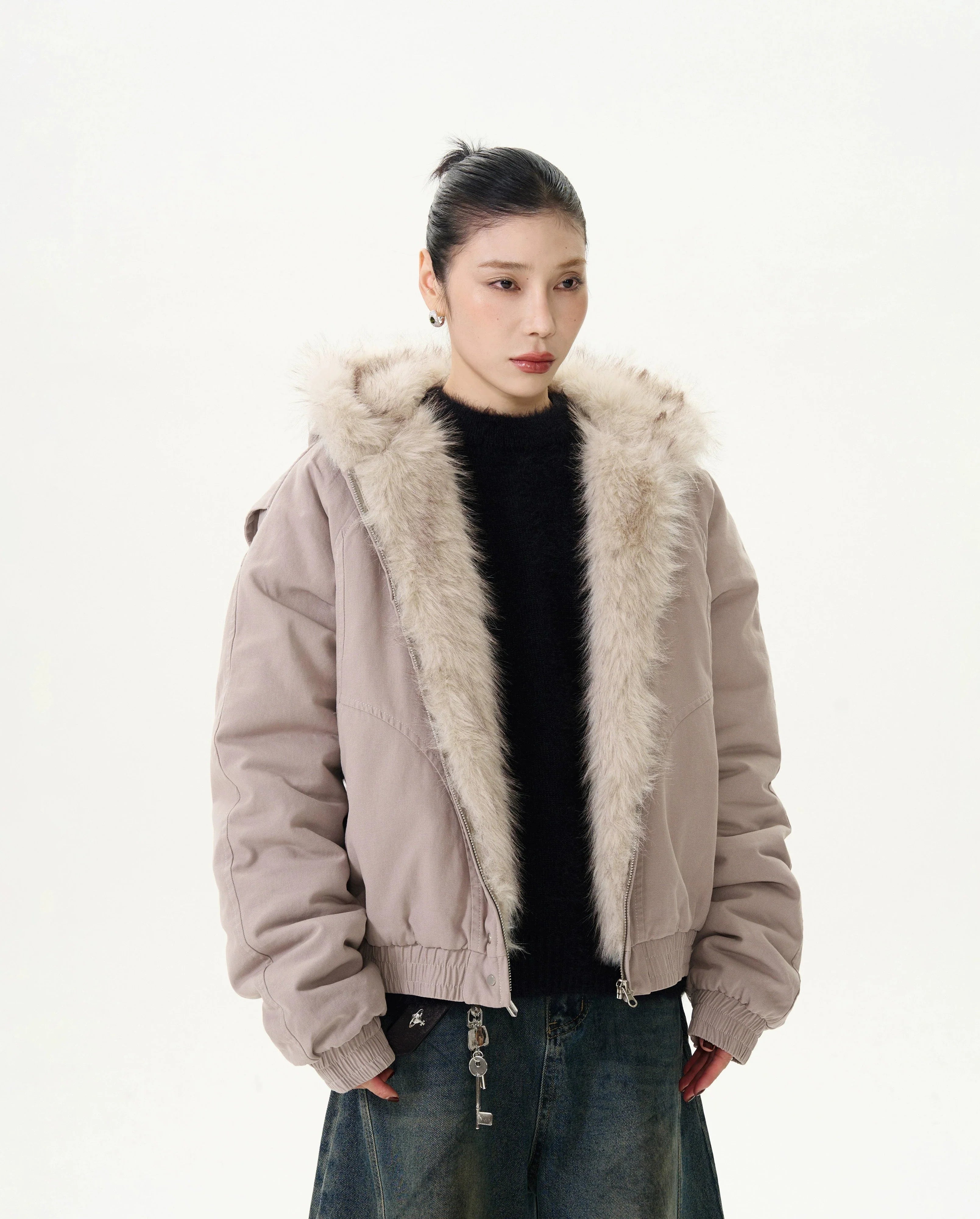 Fur-Trimmed Hooded Bomber Jacket