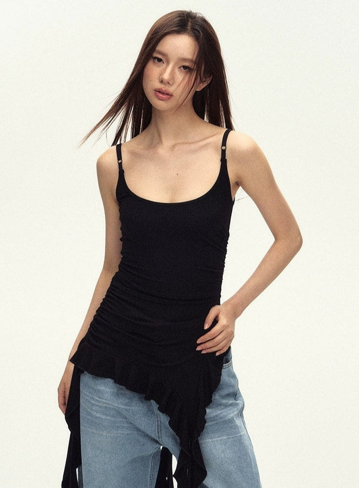 Ruched Asymmetric Black Cami Top