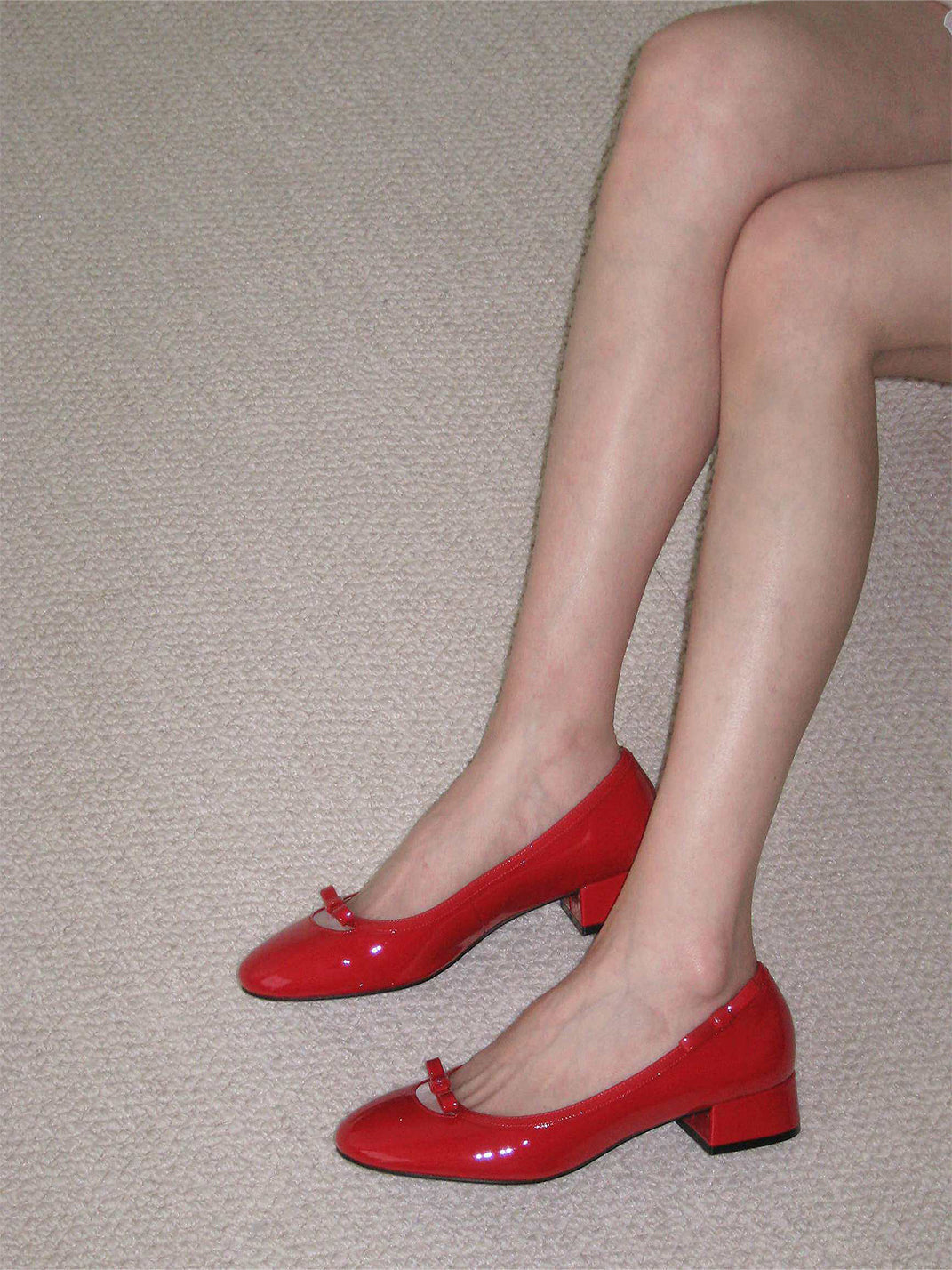 Red Leather Bow Mid-Heel Pumps - View 3
