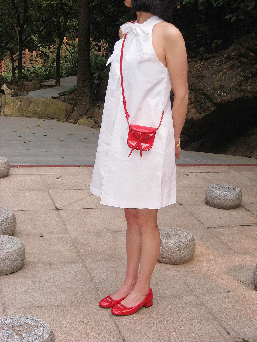 Red Leather Bow Mid-Heel Pumps - View 8