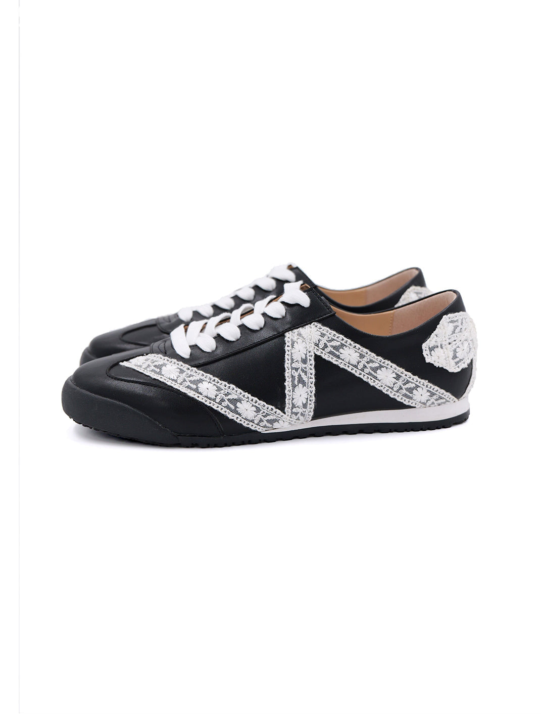 Floral-Lace Leather Low-Profile Sneakers
