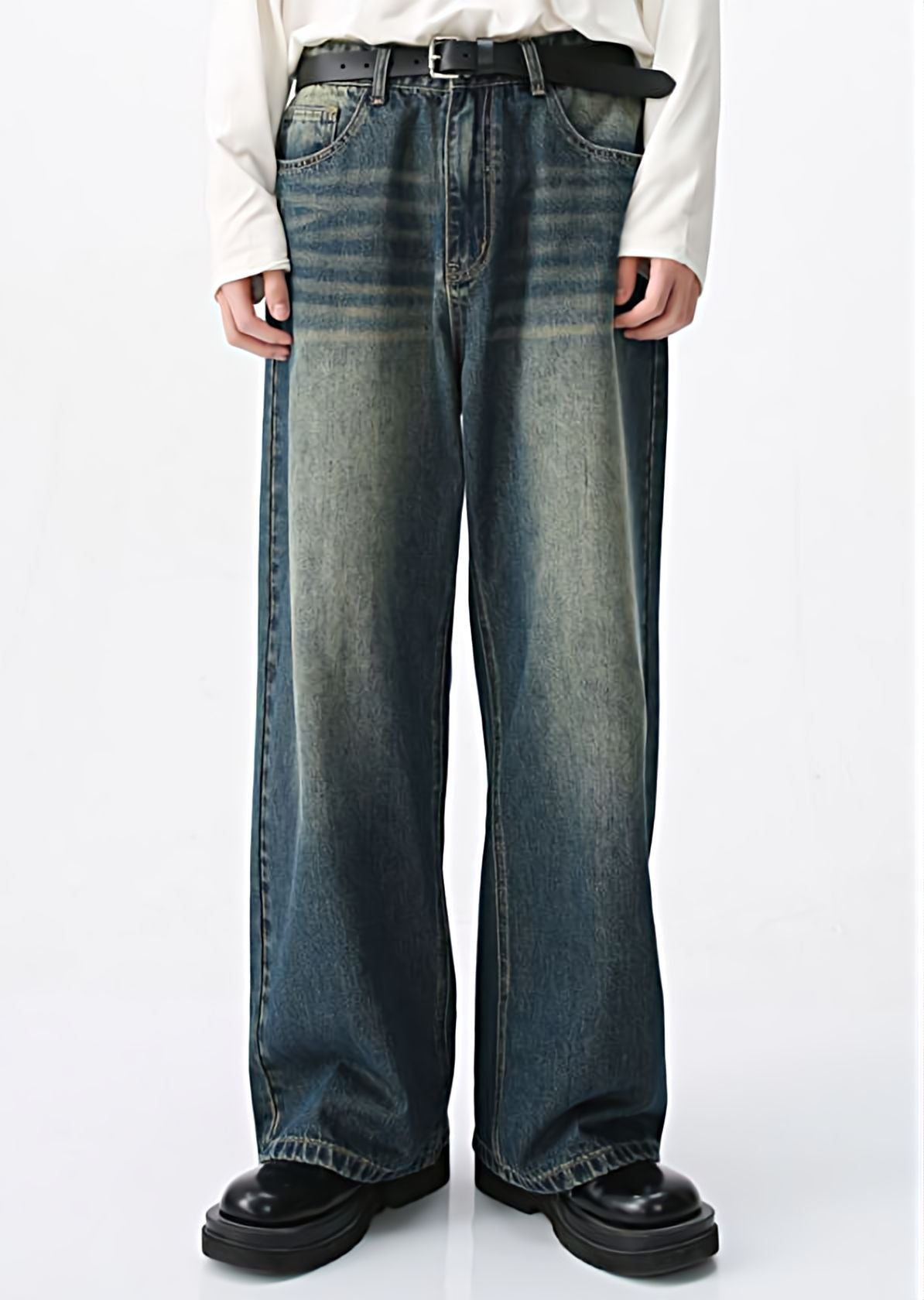 Two-Tone Wide Leg Vintage Wash Jeans