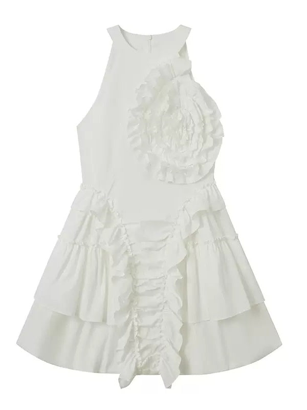 Irregular Pleated Three-Dimensional Rose American Sleeve Dress - chiclara