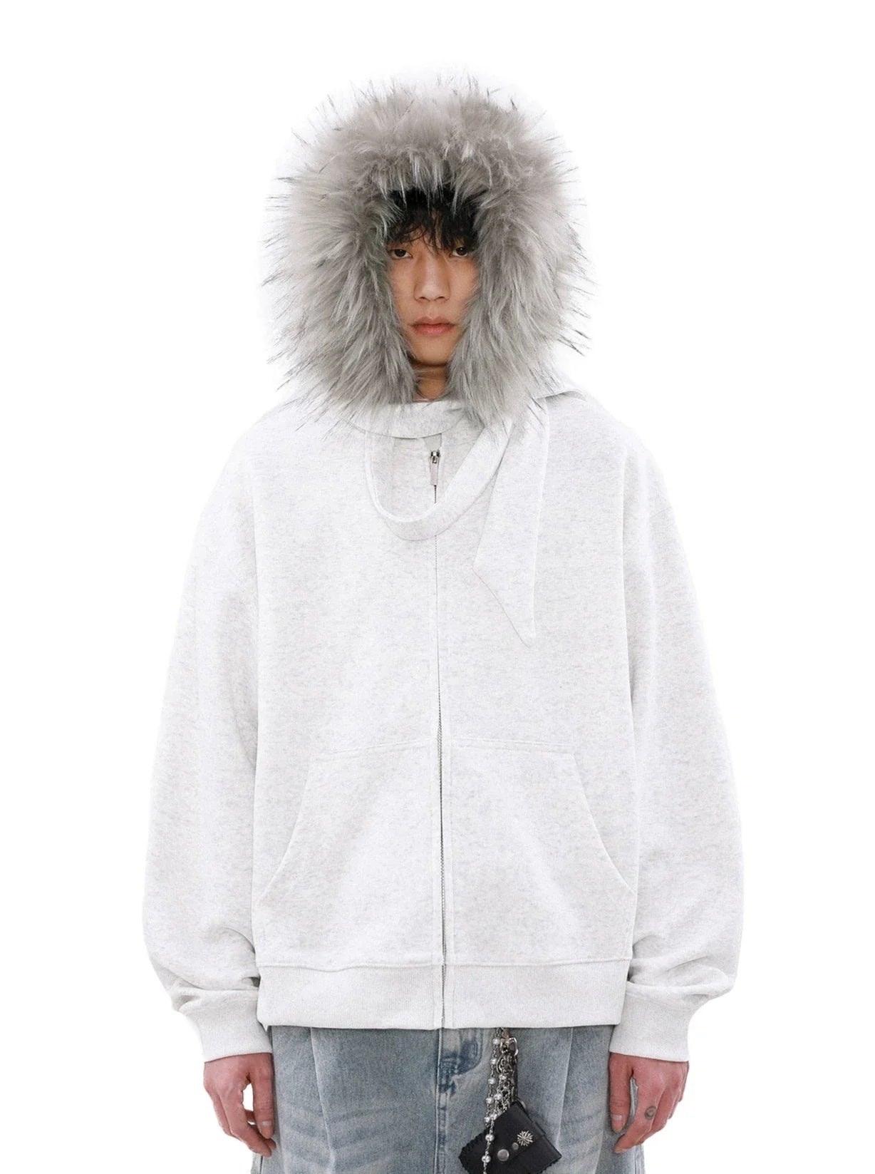 Faux Fur Hood Trim Zip-Up Hoodie