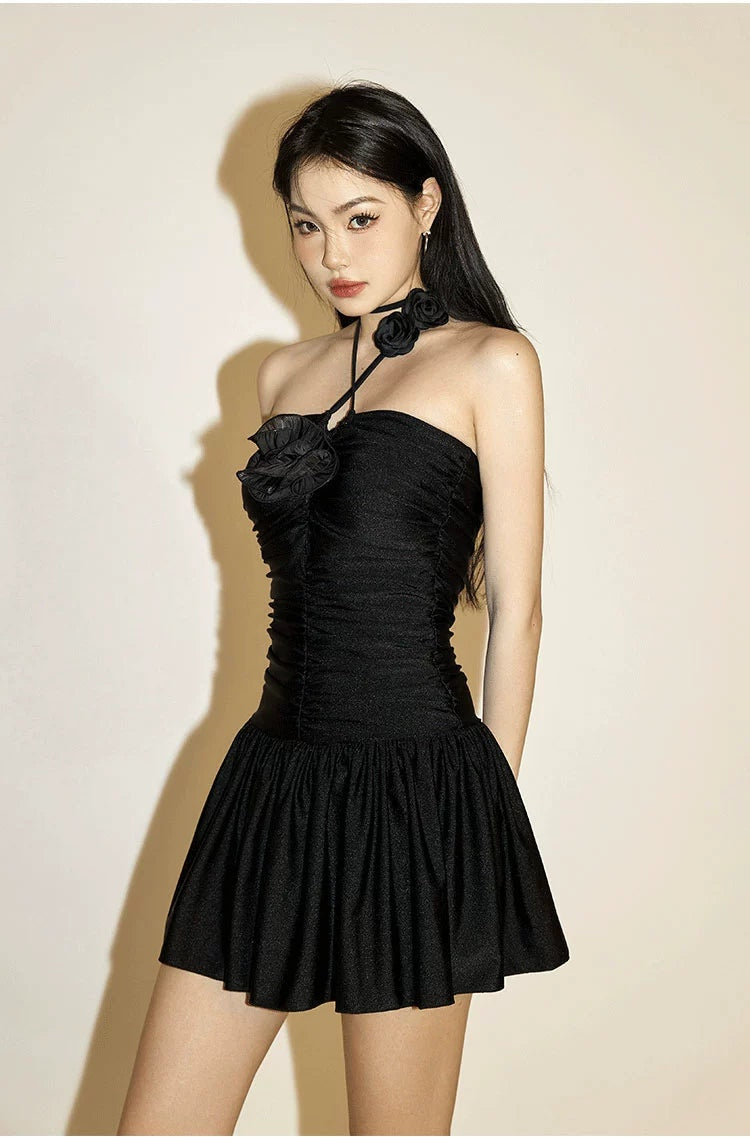 Black Ruched Halter Mini Swimdress
