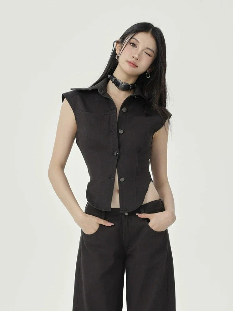 Black Sleeveless Button-Up Top