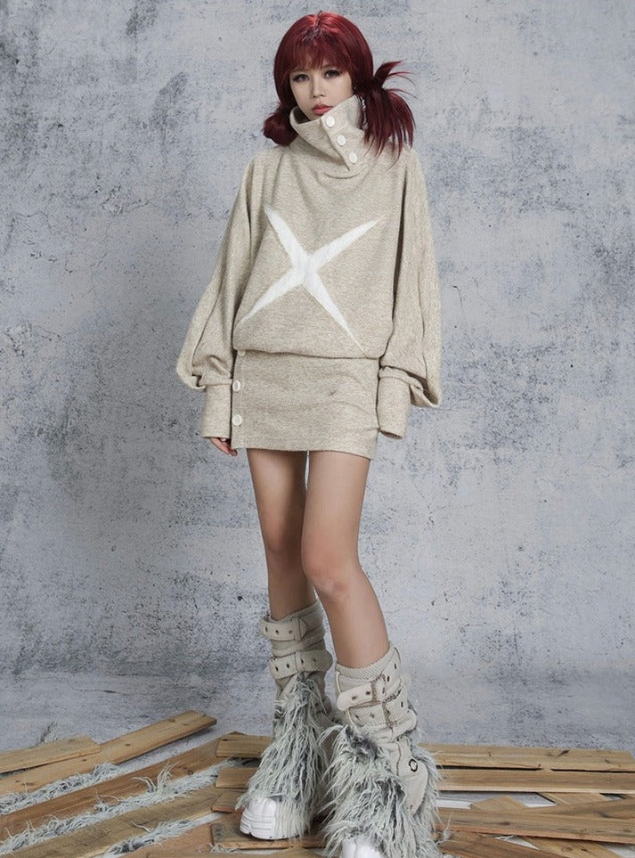 ARIADNAw Oversized X-Graphic Turtleneck Sweater Dress - Oatmeal (Women's)