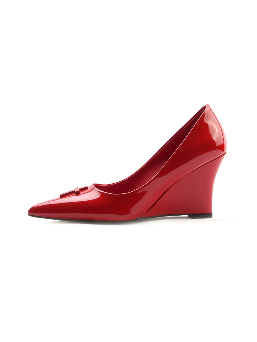 Cross-Detail Patent Leather Pointed Wedge Pumps - view 1