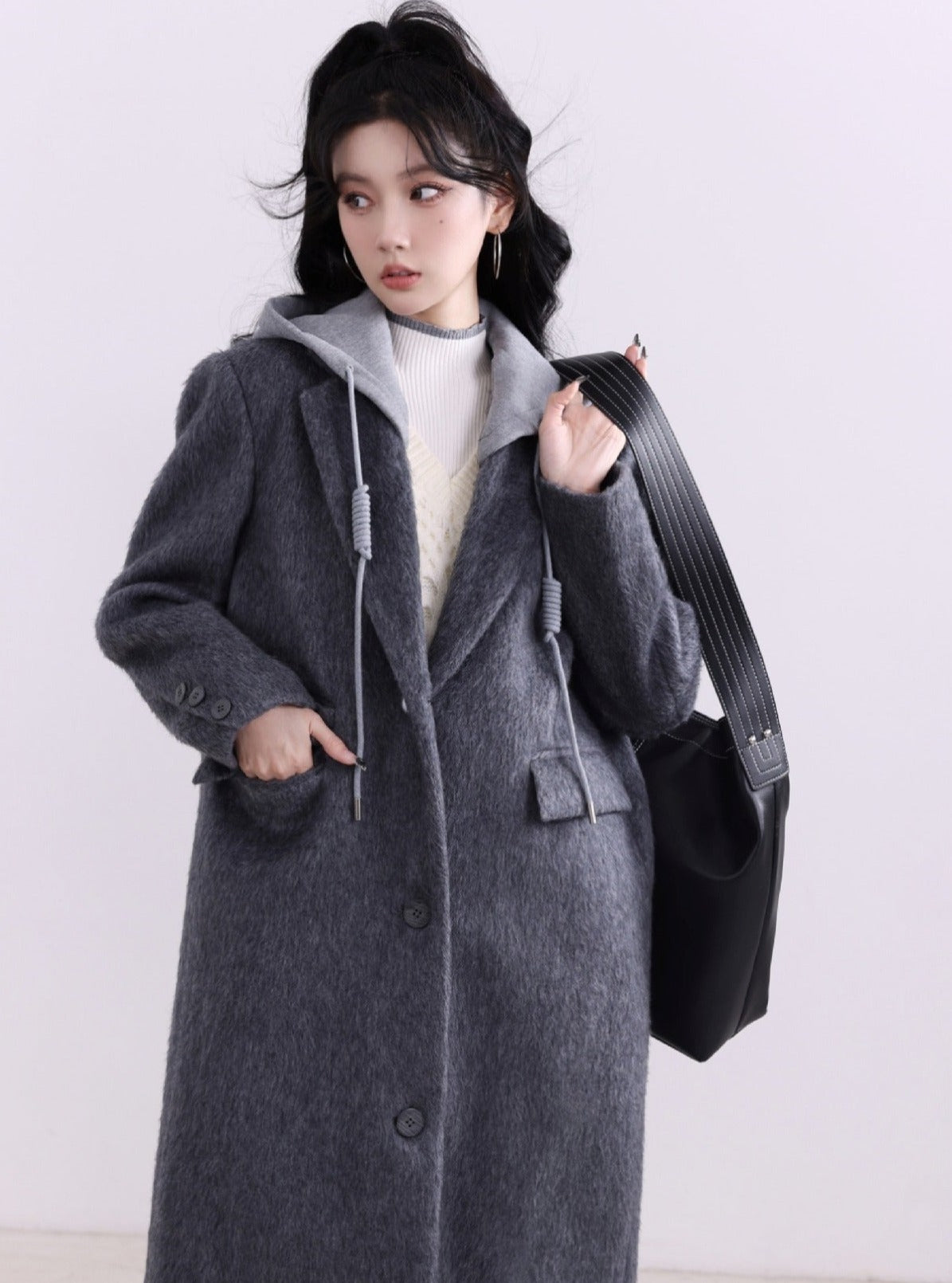 Charcoal Gray Hooded Denim Long Coat