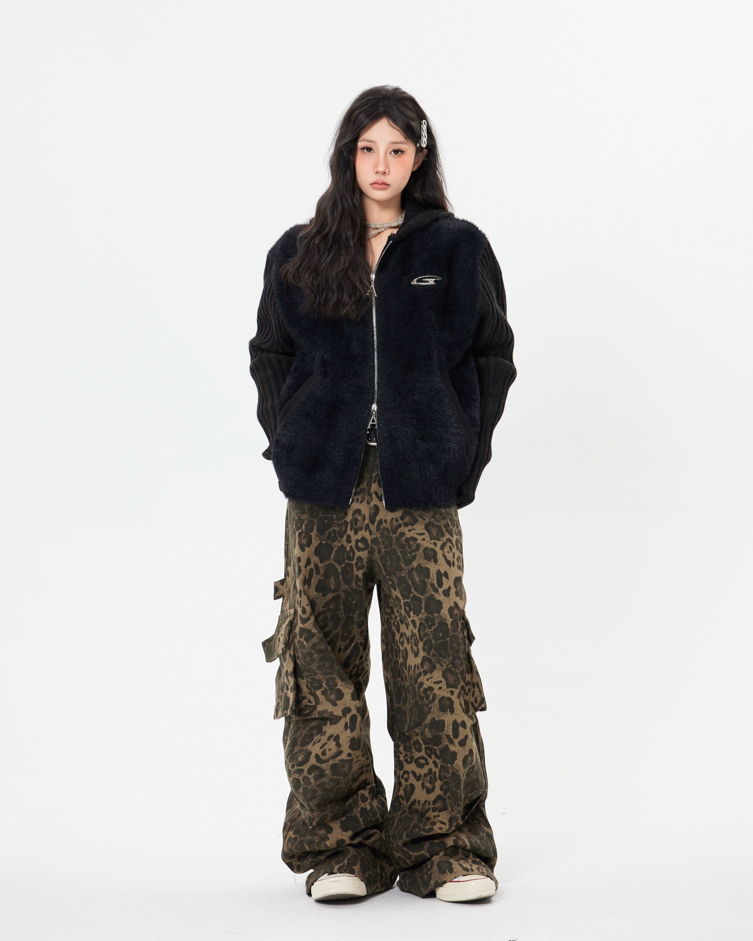 Double Sided Belt Leopard Print Wide Leg Cargo Pants