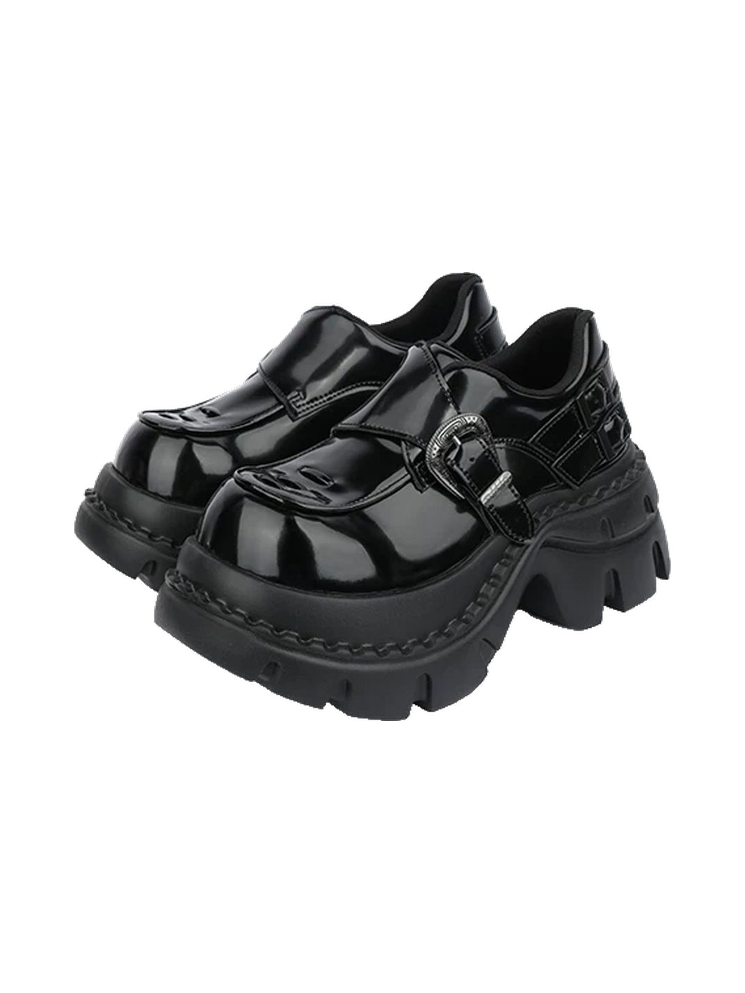 Glossy Buckle Lug-Platform Block-Heel Loafers - view 7