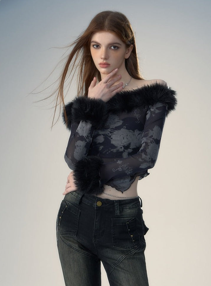 Fur Collar Long Sleeve T-Shirt - chiclara