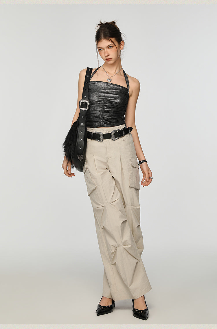 Metallic Ruched Halter Crop Top