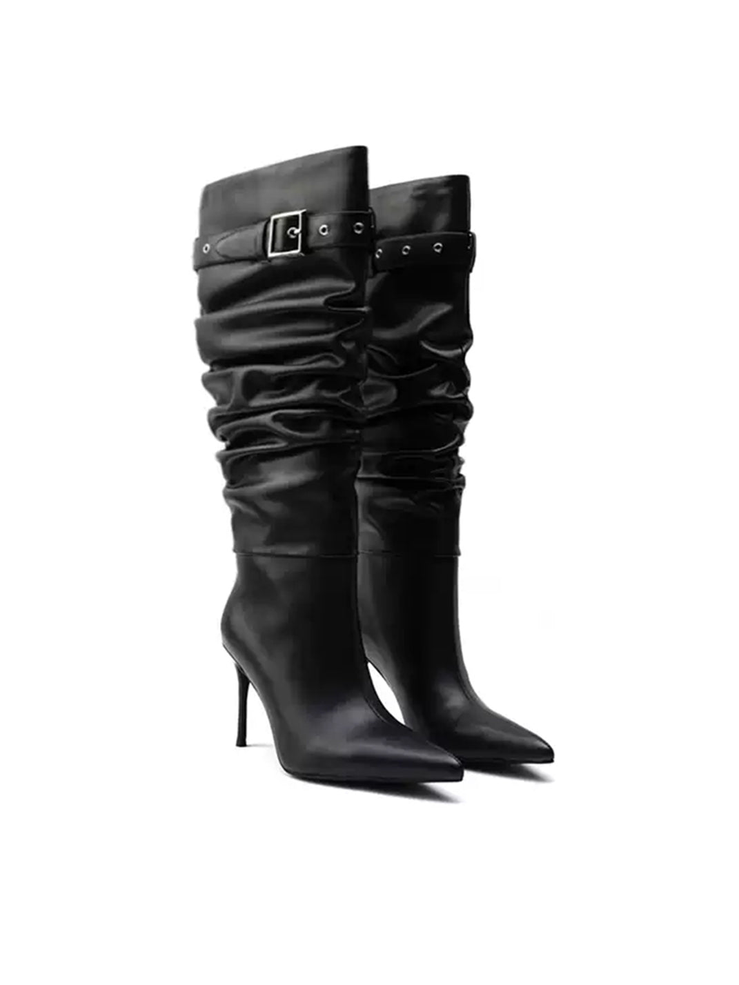 Buckle-Trim Ruched Leather Stiletto Boots - view 6