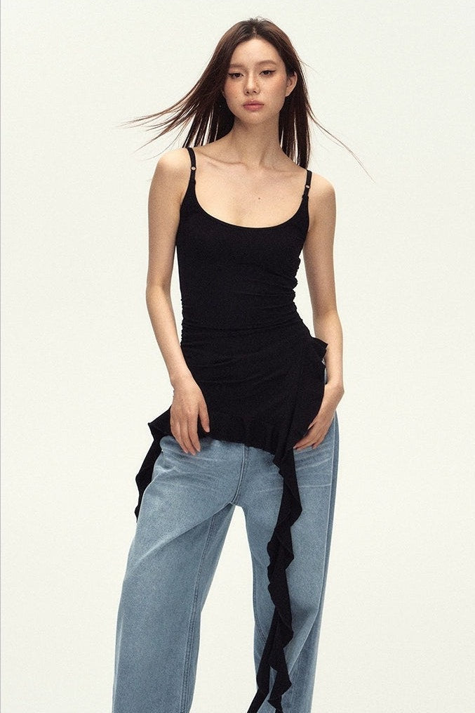 Ruched Asymmetric Black Cami Top