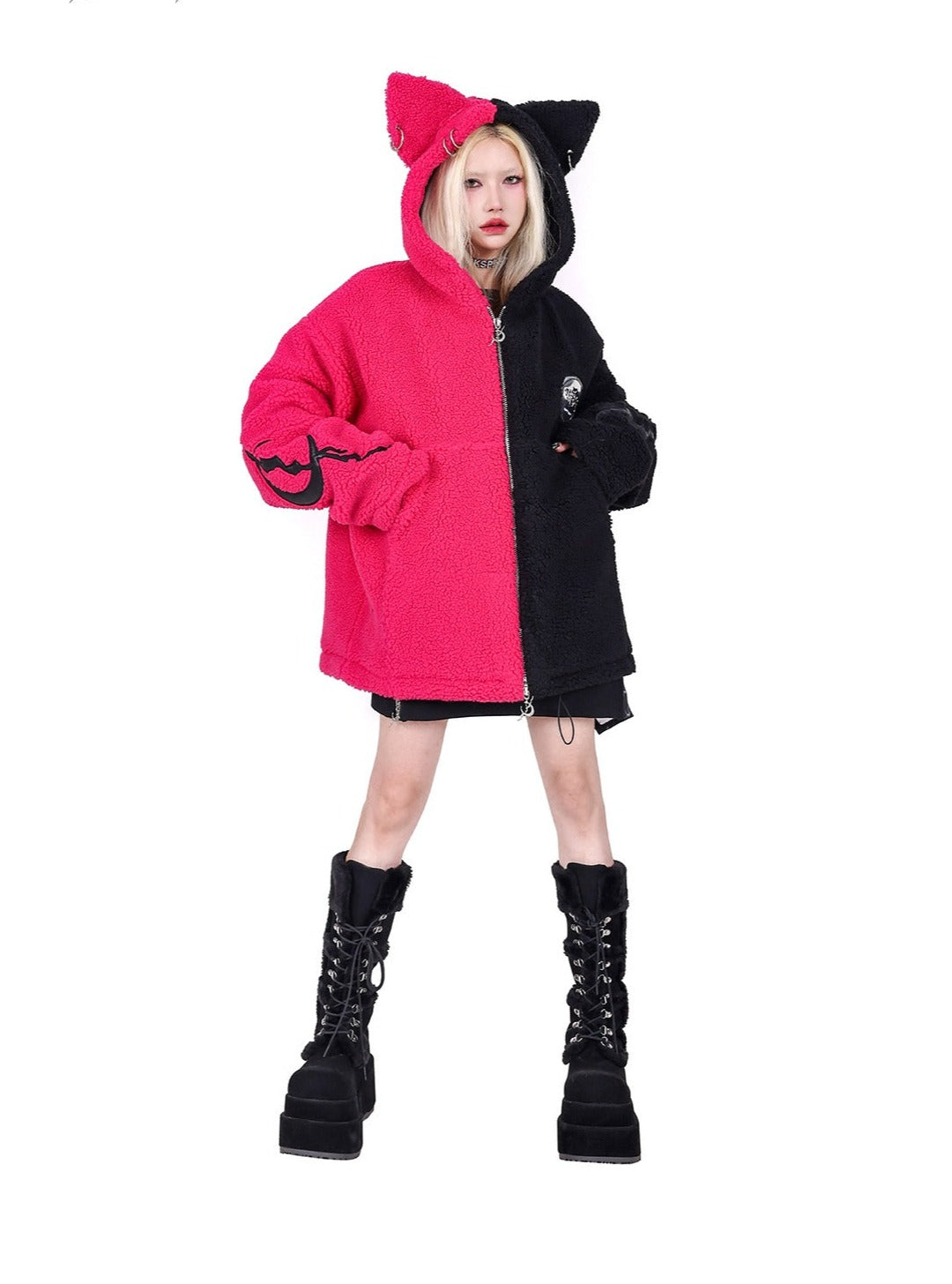 PINKSPINK Two-Tone Cat Ear Fleece Hoodie - Hot Pink/Black