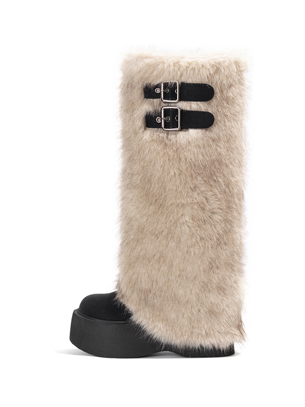 Faux Fur Double-Buckle Platform Tall Boots - View 6