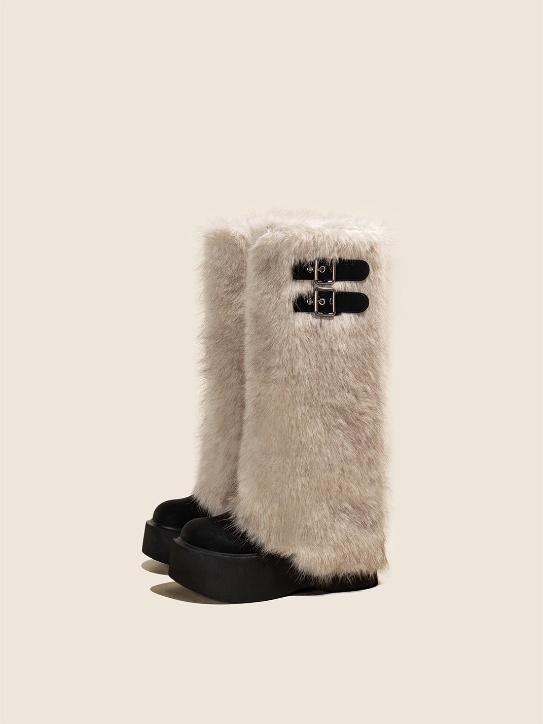 Faux Fur Double-Buckle Platform Tall Boots - View 7