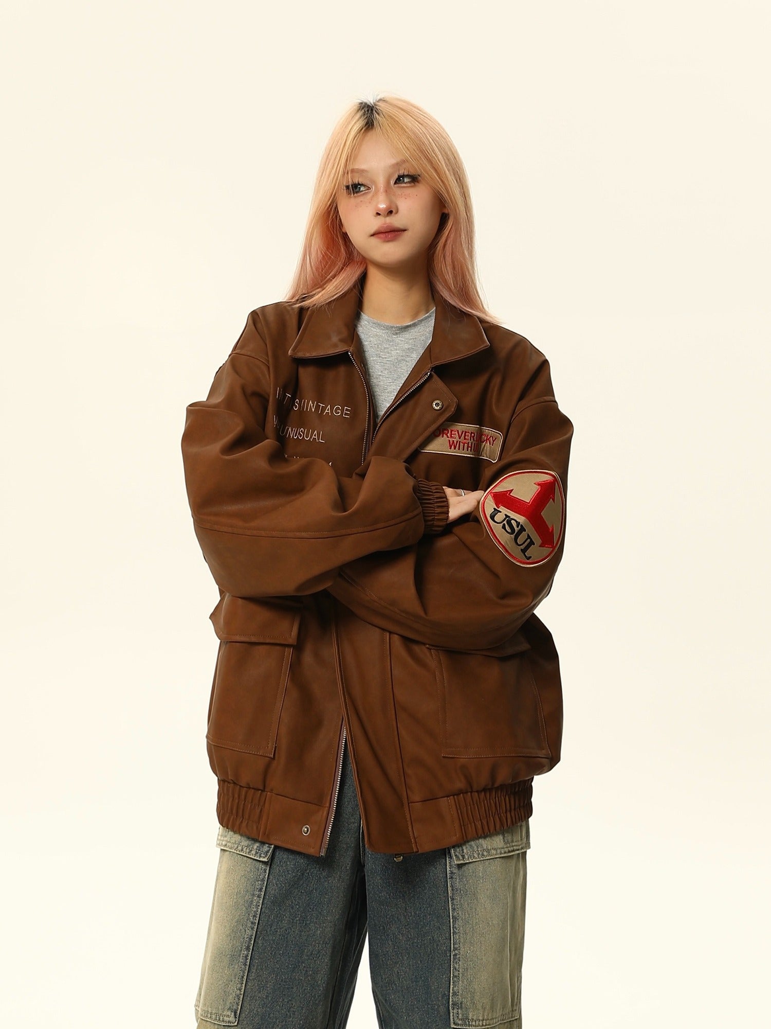 Vintage-Style Brown PU Leather Jacket