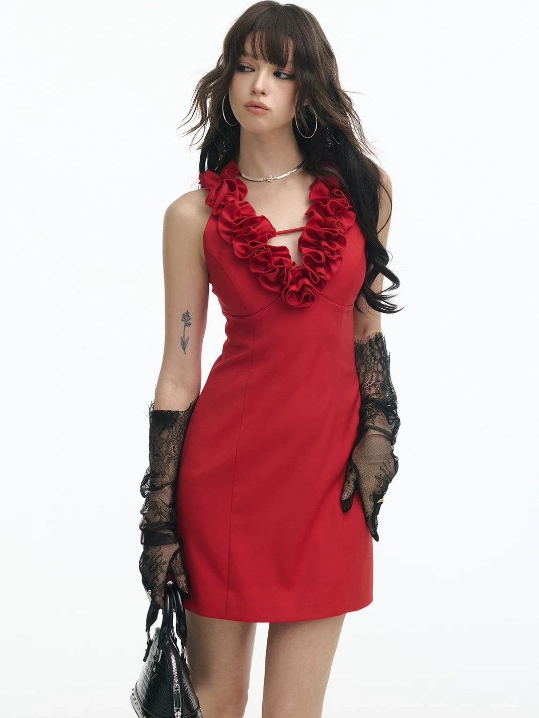 Crimson Rosette-Neck Tailored Mini Dress - view 4