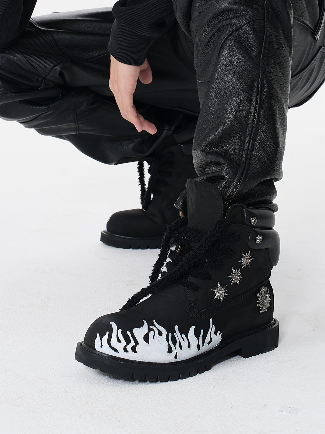 Flame Applique Genuine Leather Combat Boots - View 12