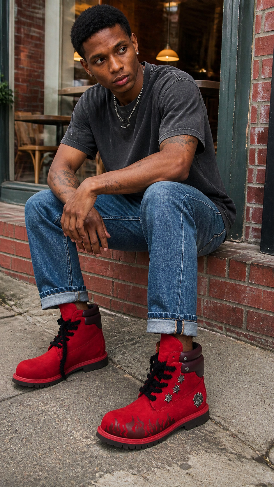 Flame Applique Genuine Leather Combat Boots — Street-side pause styling showcase