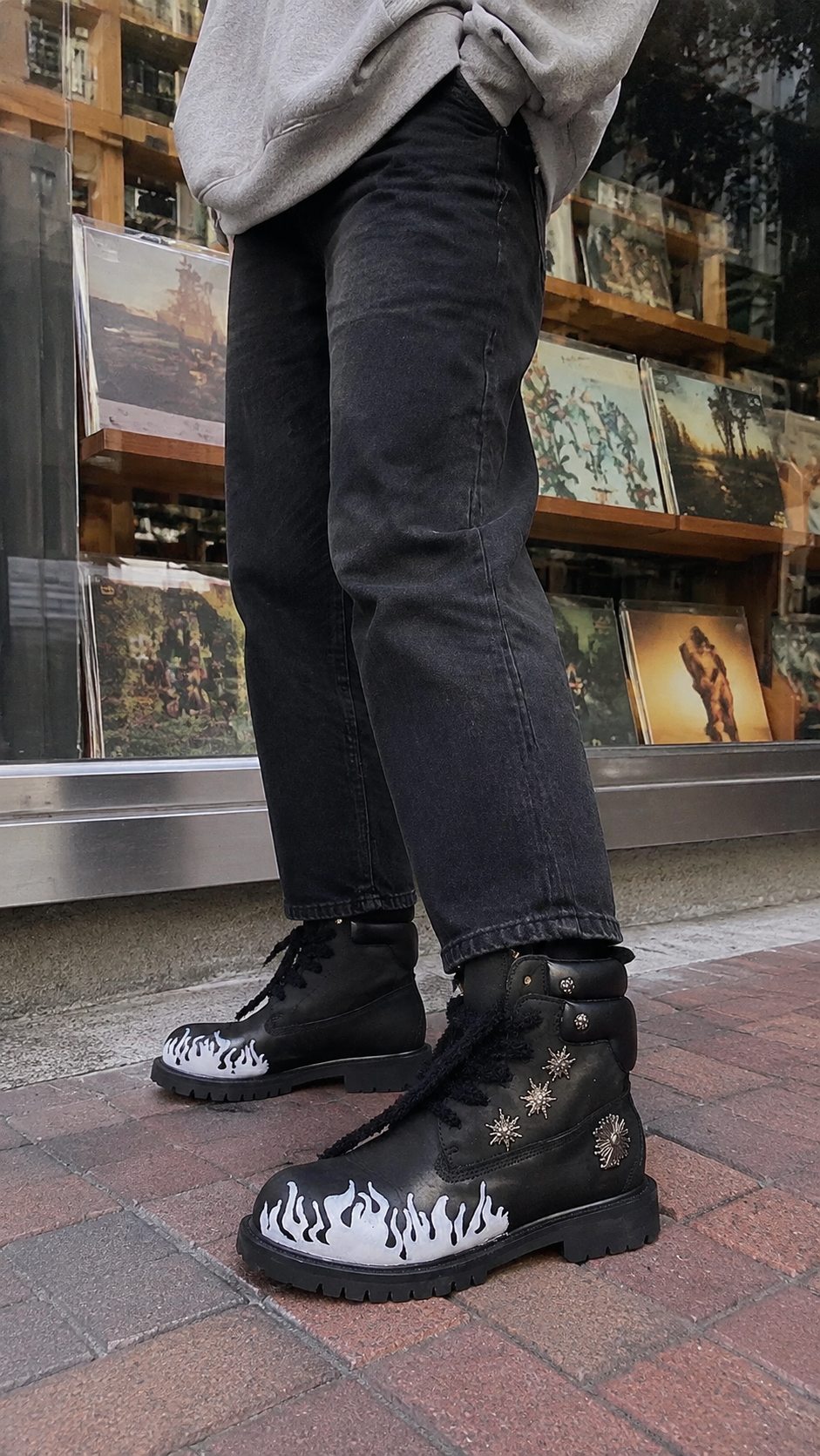 Flame Applique Genuine Leather Combat Boots — Record-store stop styling showcase