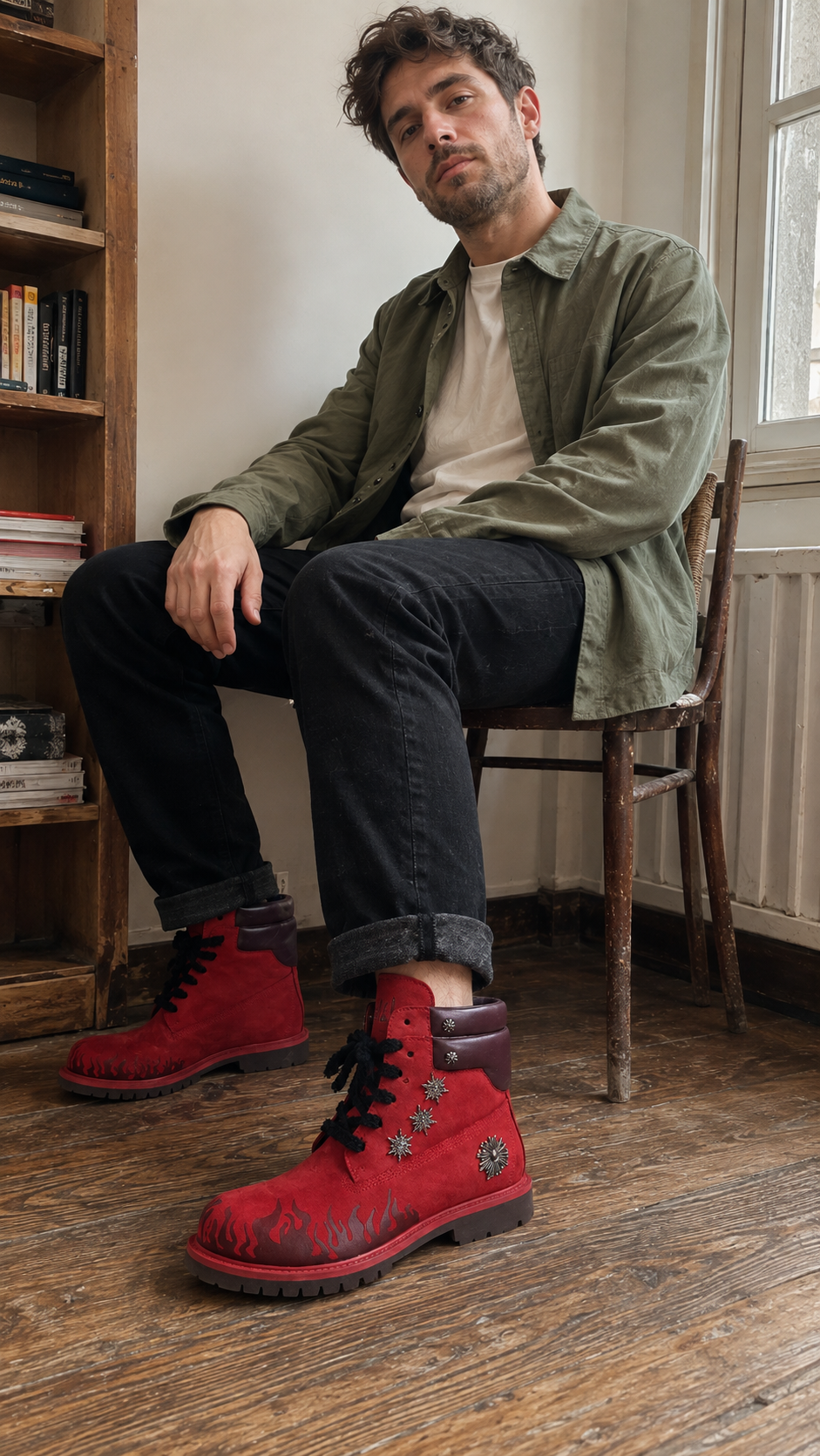 Flame Applique Genuine Leather Combat Boots — Window-seat break styling showcase