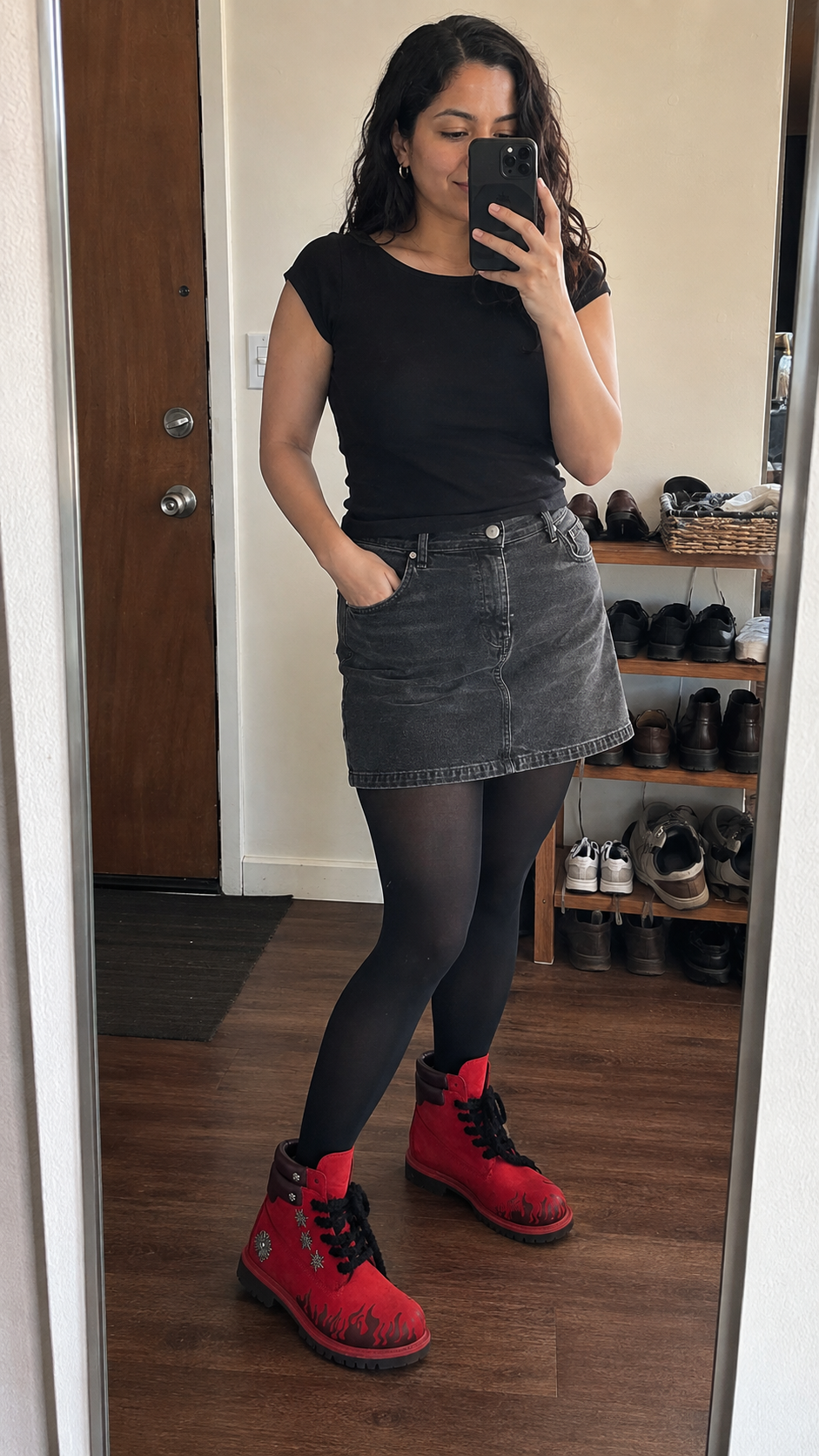 Flame Applique Genuine Leather Combat Boots — Entrance outfit check styling showcase