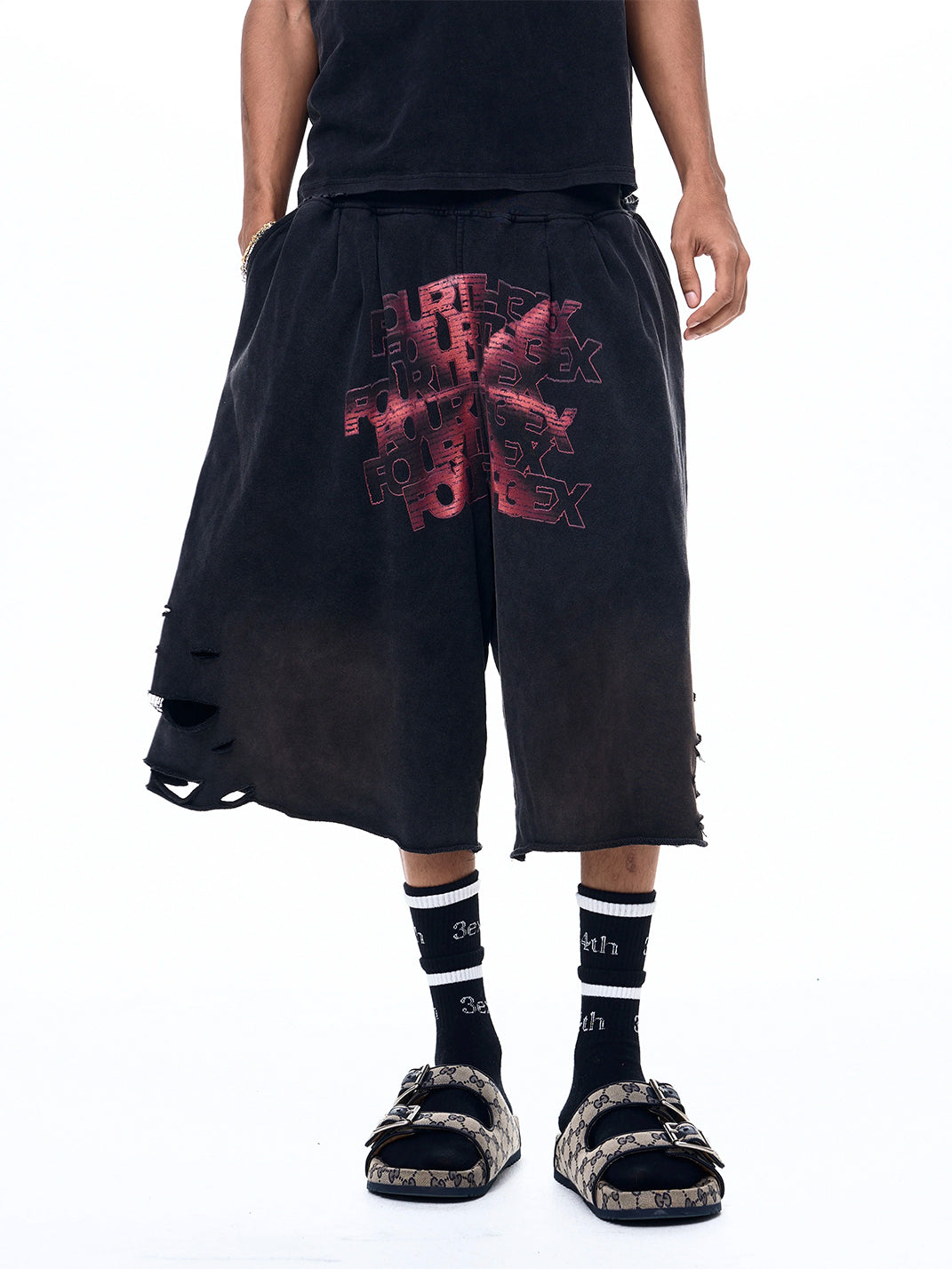 Ripped Logo-Print Longline Shorts