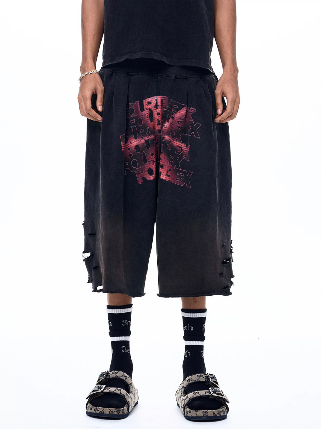 Ripped Logo-Print Longline Shorts - View 2