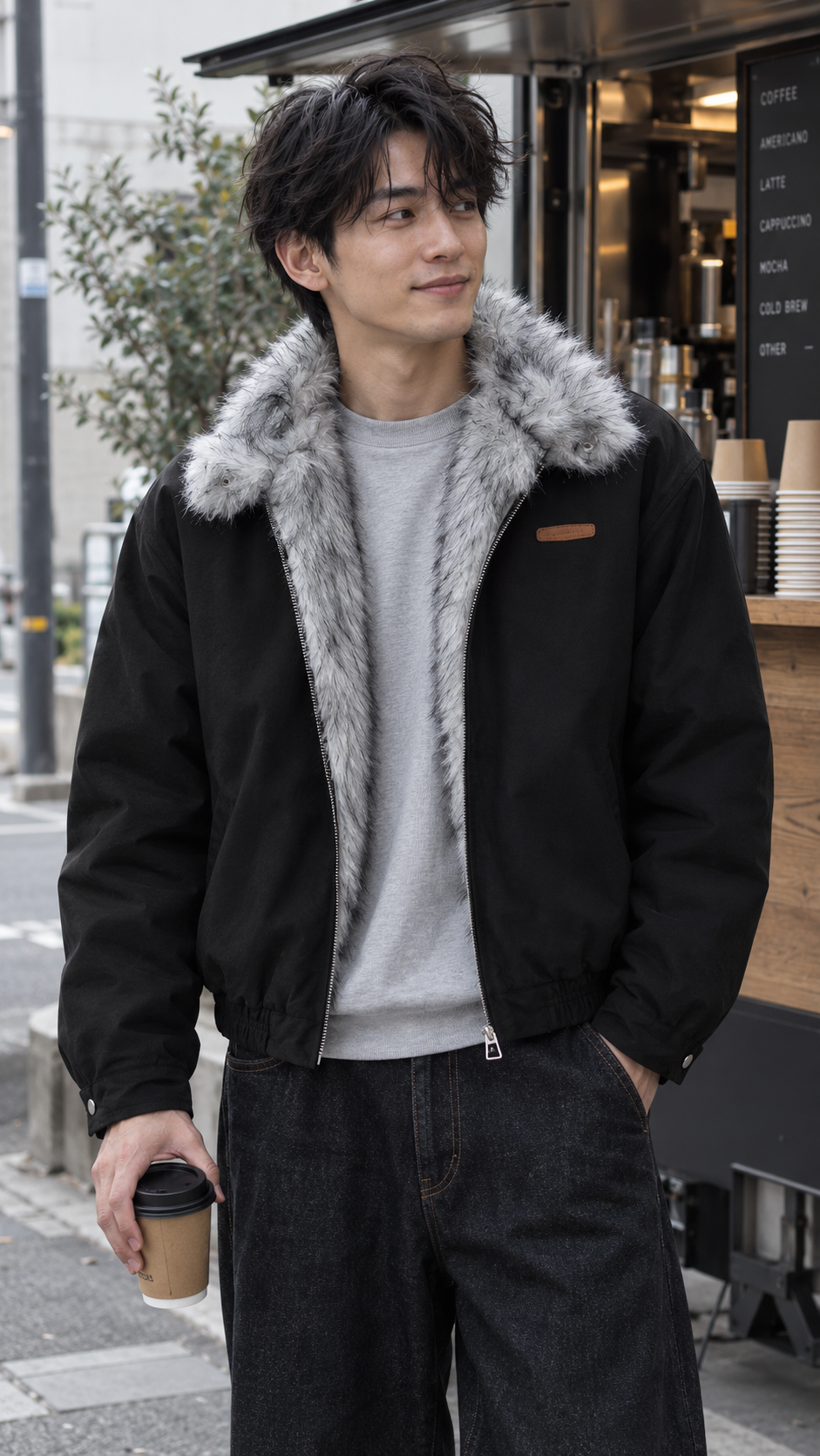 AI-styled look: Frost Edge Faux Fur Lined Jacket in Black — Coffee stop