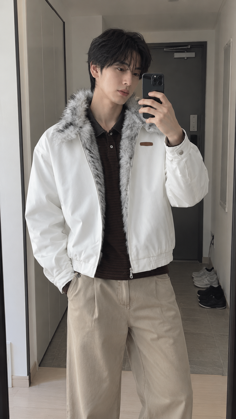 AI-styled look: Frost Edge Faux Fur Lined Jacket in White — Apartment outfit check