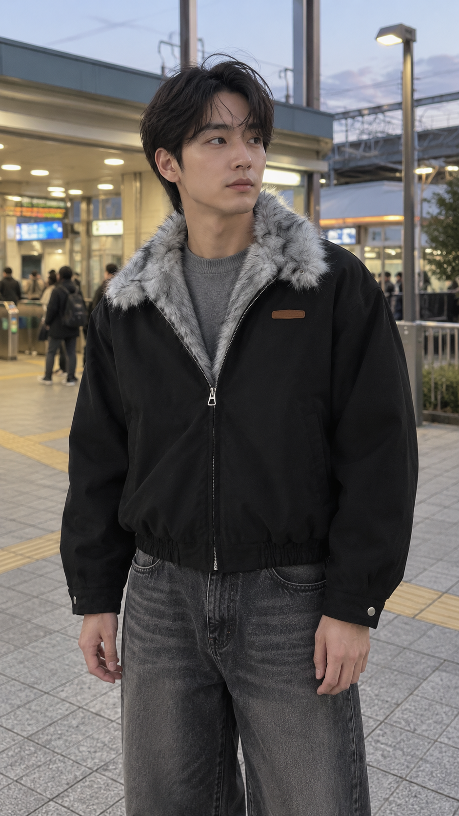 AI-styled look: Frost Edge Faux Fur Lined Jacket in Black — Station sidewalk