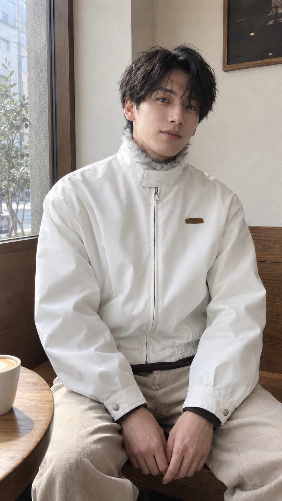 AI-styled look: Frost Edge Faux Fur Lined Jacket in White — Window seat