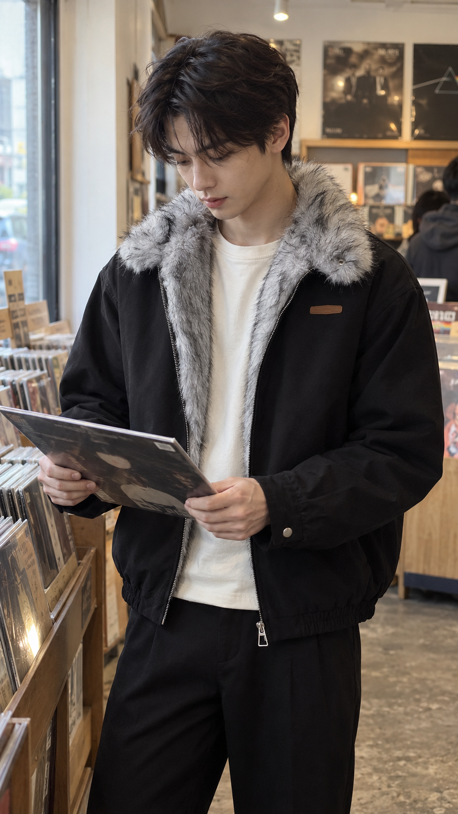 AI-styled look: Frost Edge Faux Fur Lined Jacket in Black — Weekend record shop