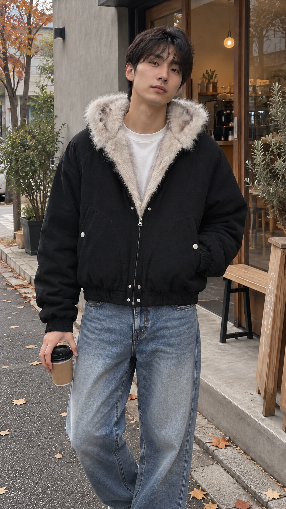 AI-styled look: Frost Lined Midnight Bomber Jacket in black — neighborhood coffee stop