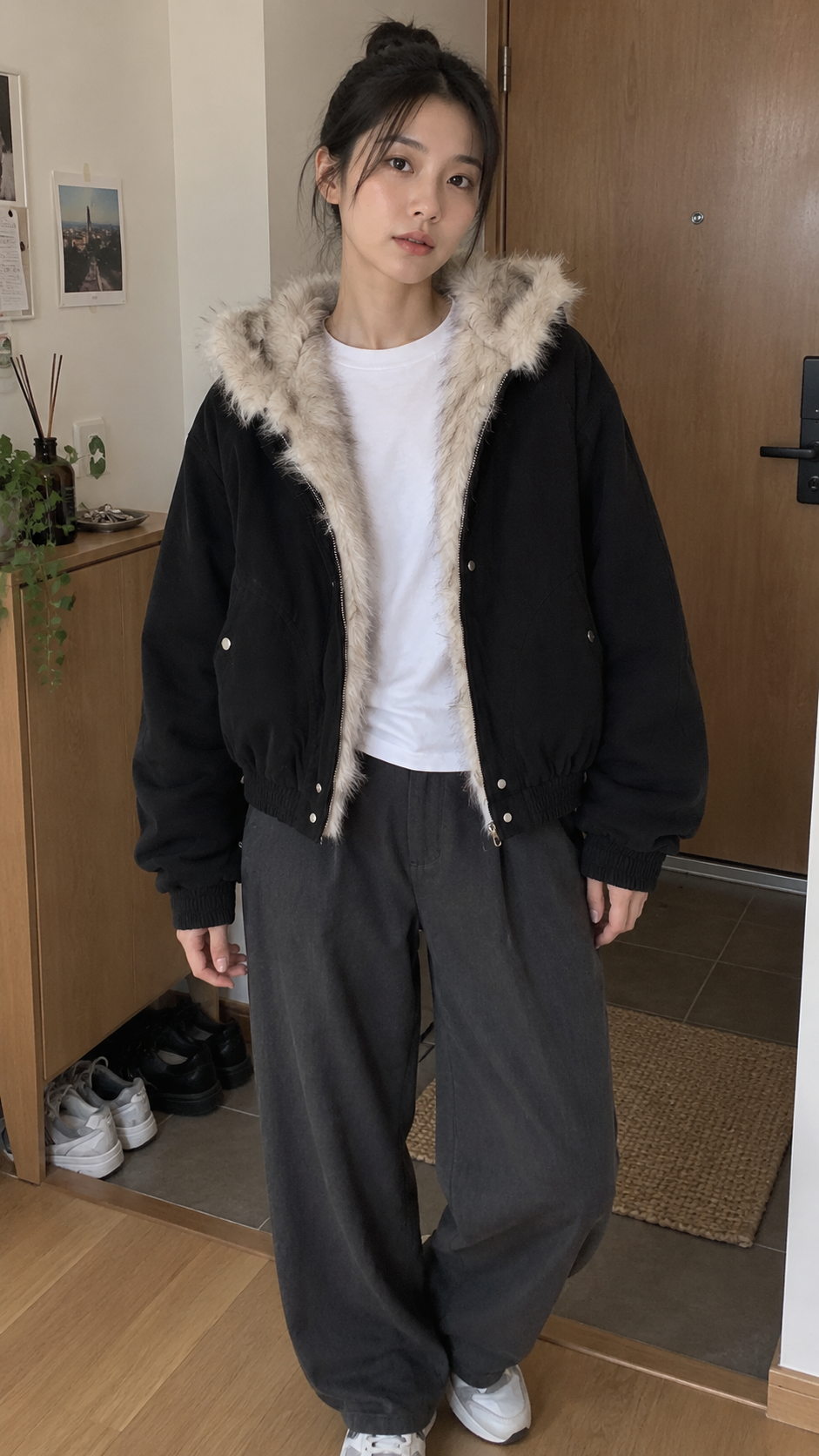 AI-styled look: Frost Lined Midnight Bomber Jacket in black — apartment doorway