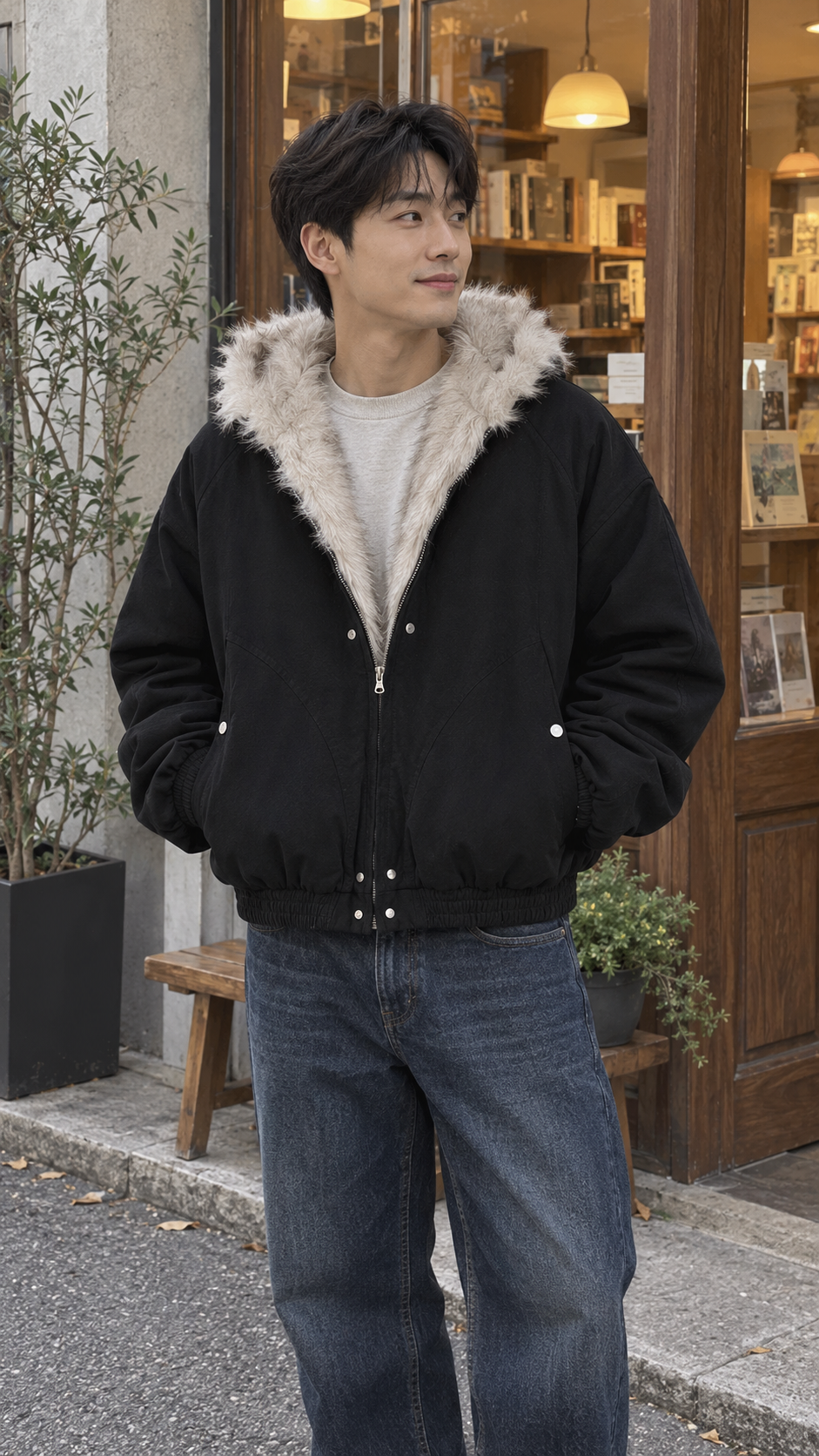AI-styled look: Frost Lined Midnight Bomber Jacket in black — bookshop afternoon