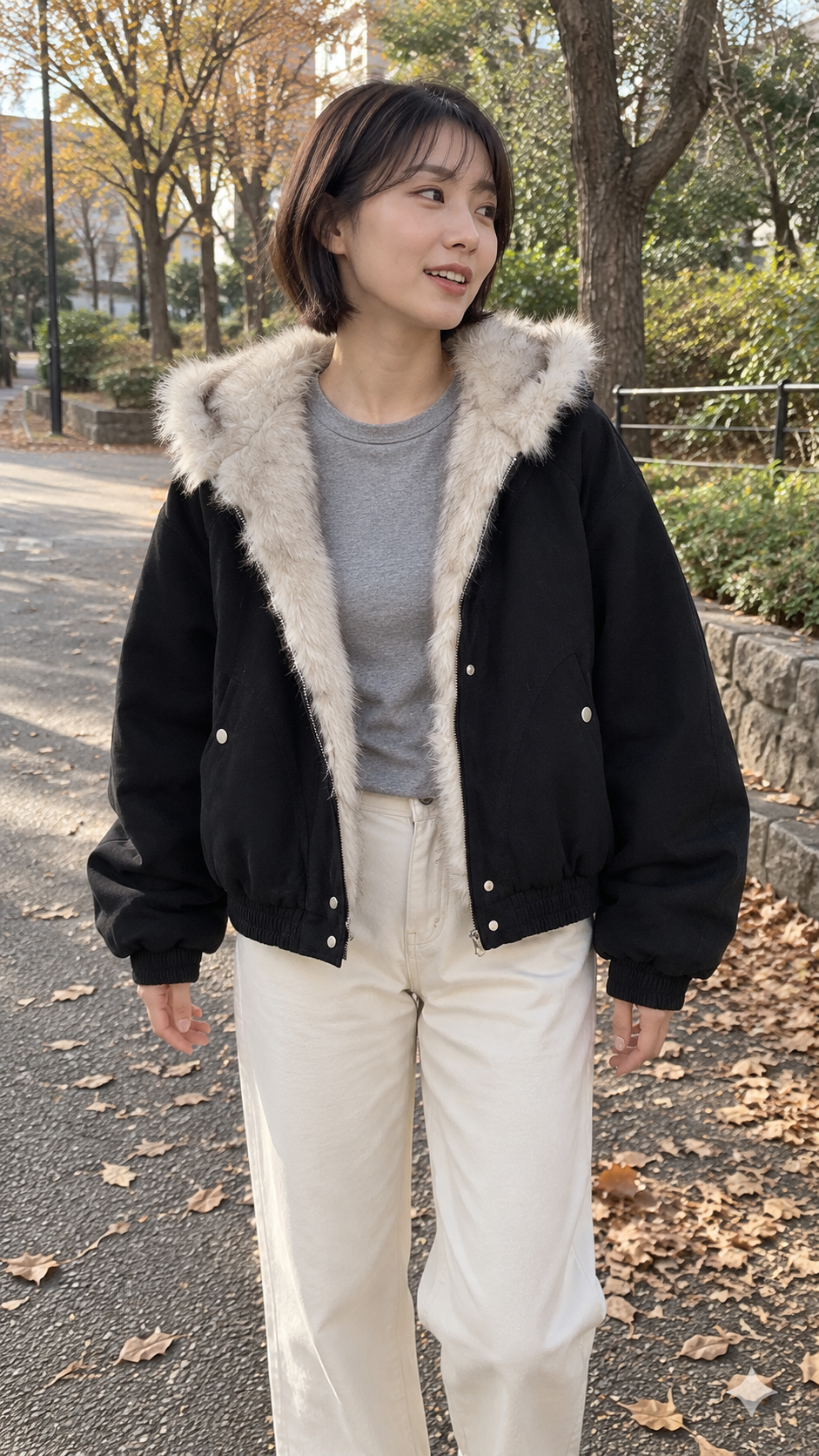 AI-styled look: Frost Lined Midnight Bomber Jacket in black — park path