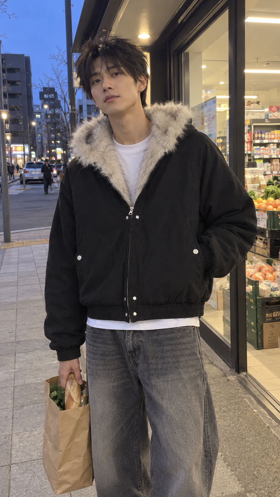 AI-styled look: Frost Lined Midnight Bomber Jacket in black — corner grocery evening