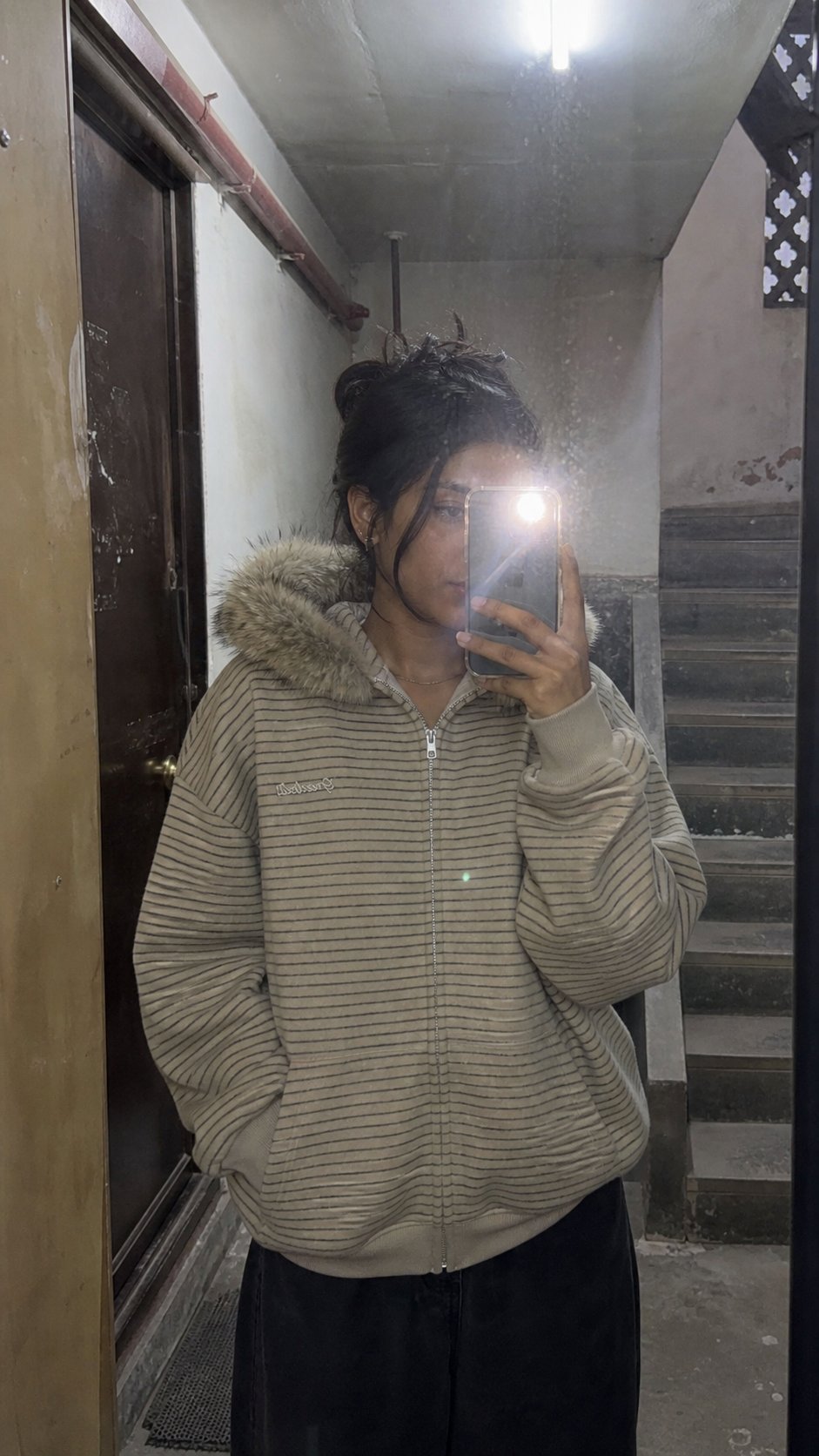 Frostline Striped Faux Fur Hoodie UGC stairwell mirror
