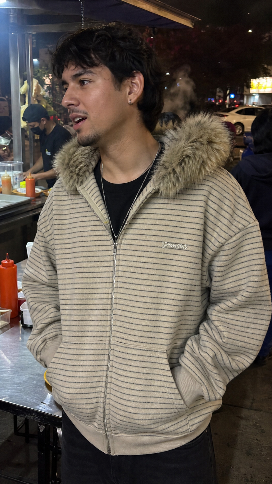 Frostline Striped Faux Fur Hoodie UGC street food